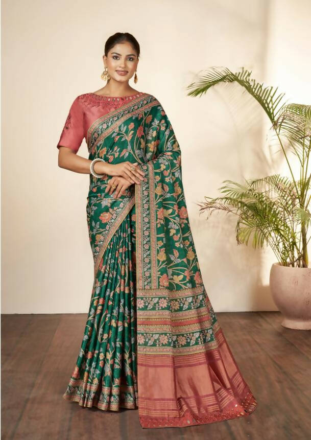 Green Gajji Silk Floral Print with Hand Mirror work Border Saree - Norita Nirvi | Grocsy