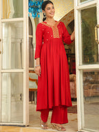 Janasya Maroon Rayon Yoke Embroidery Kurta & Bottom | Grocsy