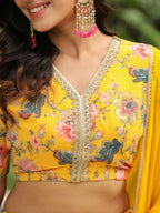 Janasya Yellow Georgette Floral Lehenga Choli Dupatta | Grocsy