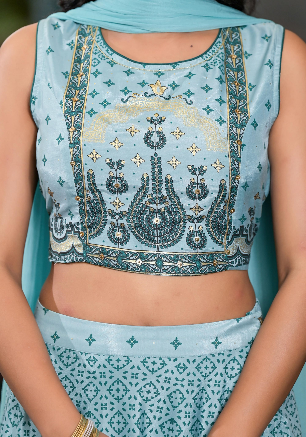 Juniper Women's Aqua Ethnic Motif Printed Lehenga Set With Sequins & Gota Patti | Grocsy