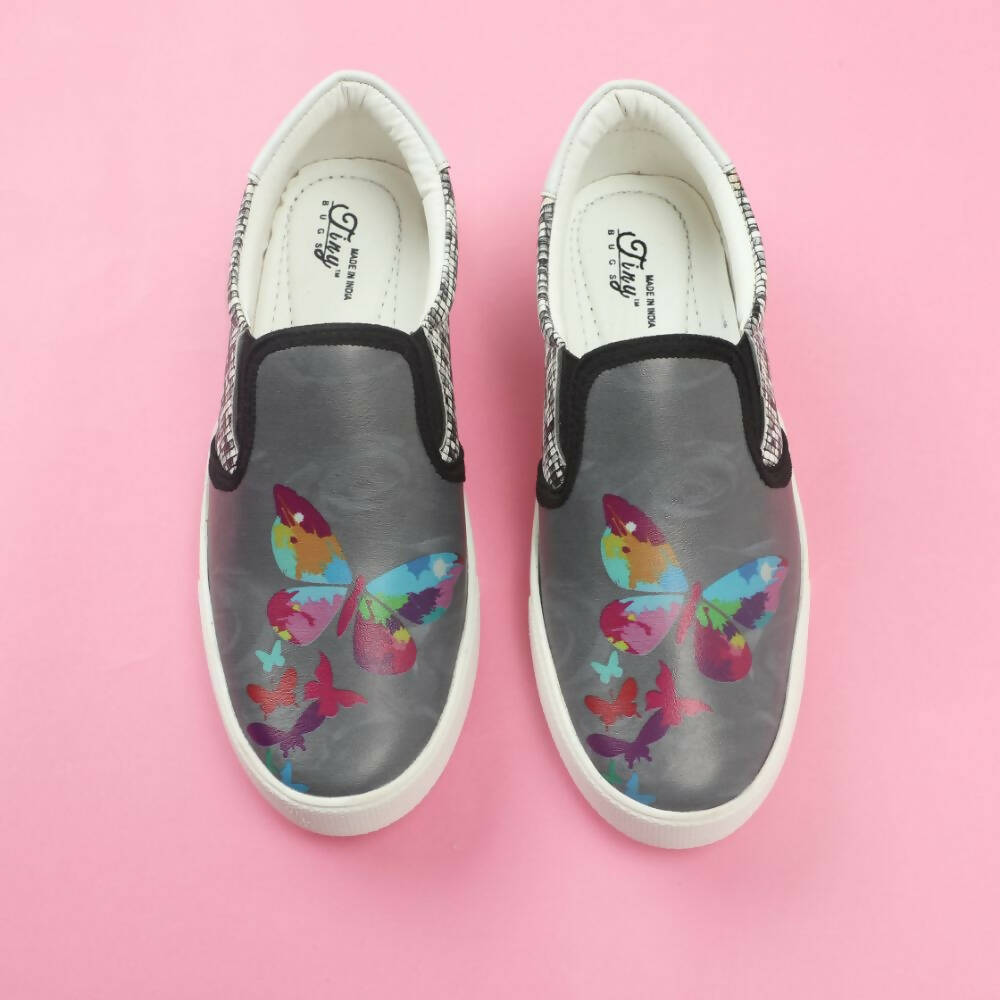Tiny Bugs Girls Butterfly Print Slip Ons Sneakers - Dark Grey | Grocsy