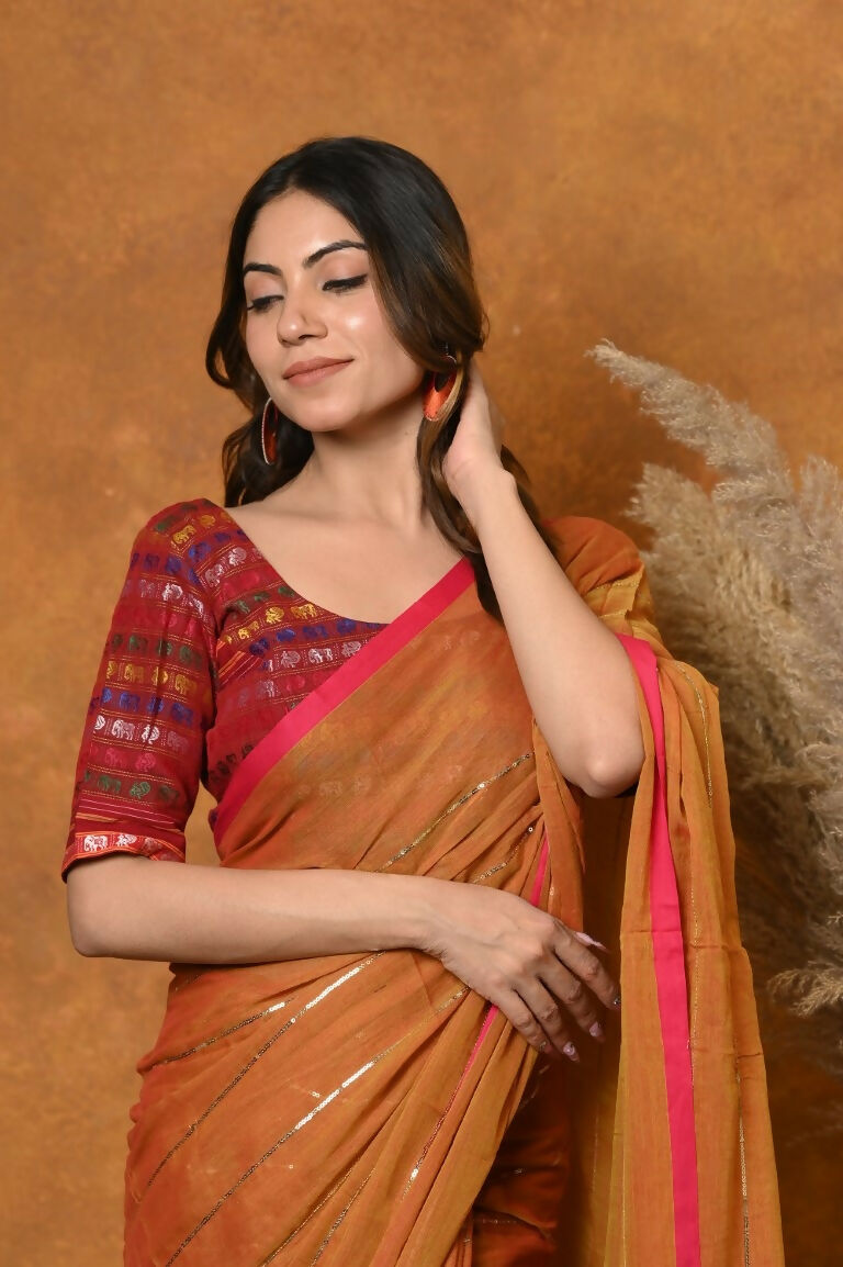 Very Much Indian Designer Mul Cotton Handloom Saree with Sequins - Orange | Grocsy