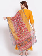 Myshka Women's Yellow Printed Silk Blend 3/4 Sleeve V Neck Casual Kurta Dupatta Set | Grocsy