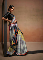 Grey Satin Digital Printed Saree with Unstitched Blouse Piece - Jodha | Grocsy