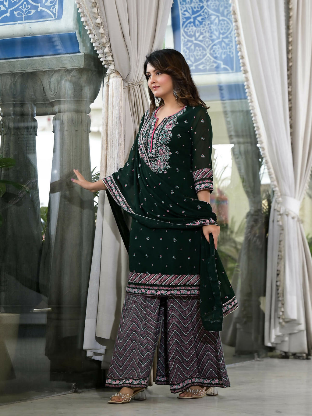Juniper Women's Green Floral Printed Georgette Kurta Sharara & Dupatta Set With Sequins | Grocsy