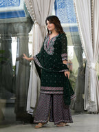 Juniper Women's Green Floral Printed Georgette Kurta Sharara & Dupatta Set With Sequins | Grocsy