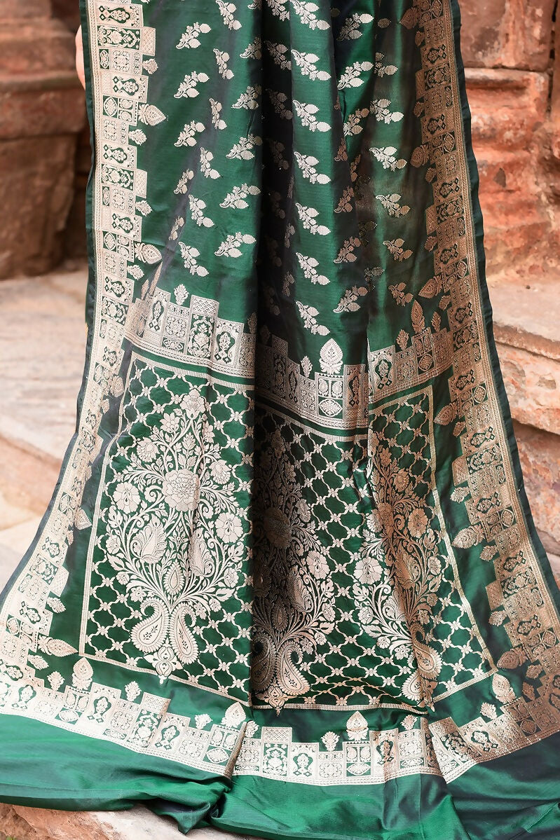 Joban Fashion Emerald Green Banarasi Katan Pure Handloom Banarasi Silk Saree | Grocsy