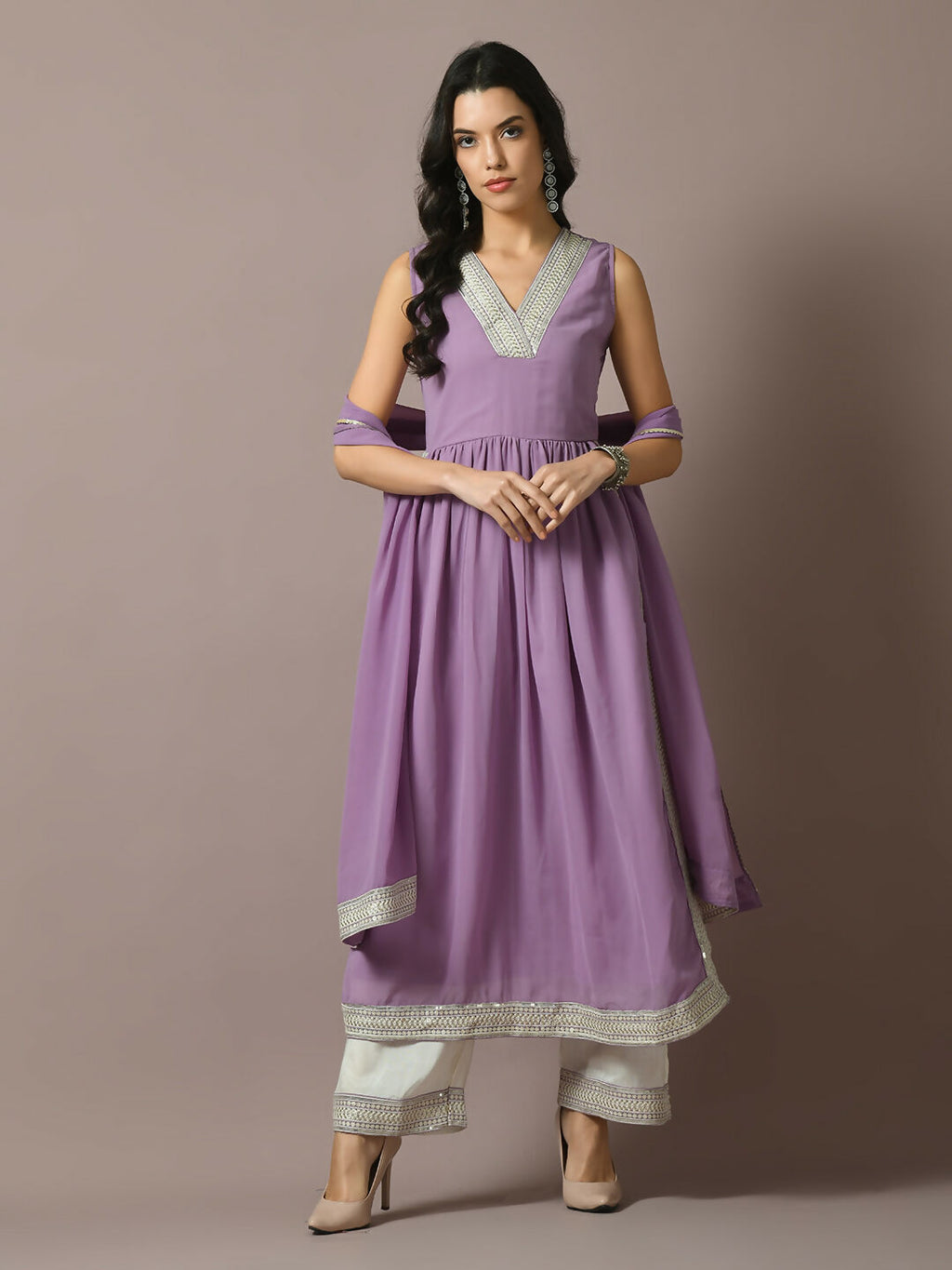 Myshka Women's Lavender Solid Georgette Anarkali Party Kurta Set With Dupatta | Grocsy