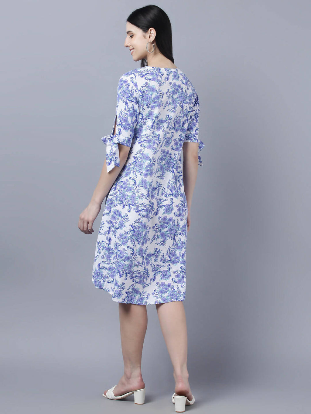 Myshka Women White Blue Printed A-Line Dress | Grocsy