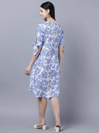 Myshka Women White Blue Printed A-Line Dress | Grocsy