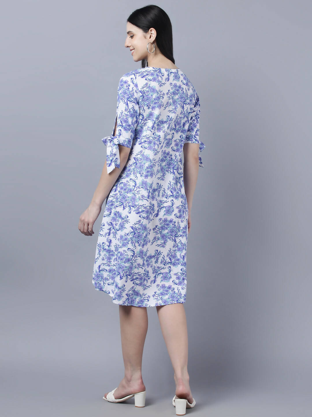 Myshka Women White Blue Printed A-Line Dress | Grocsy