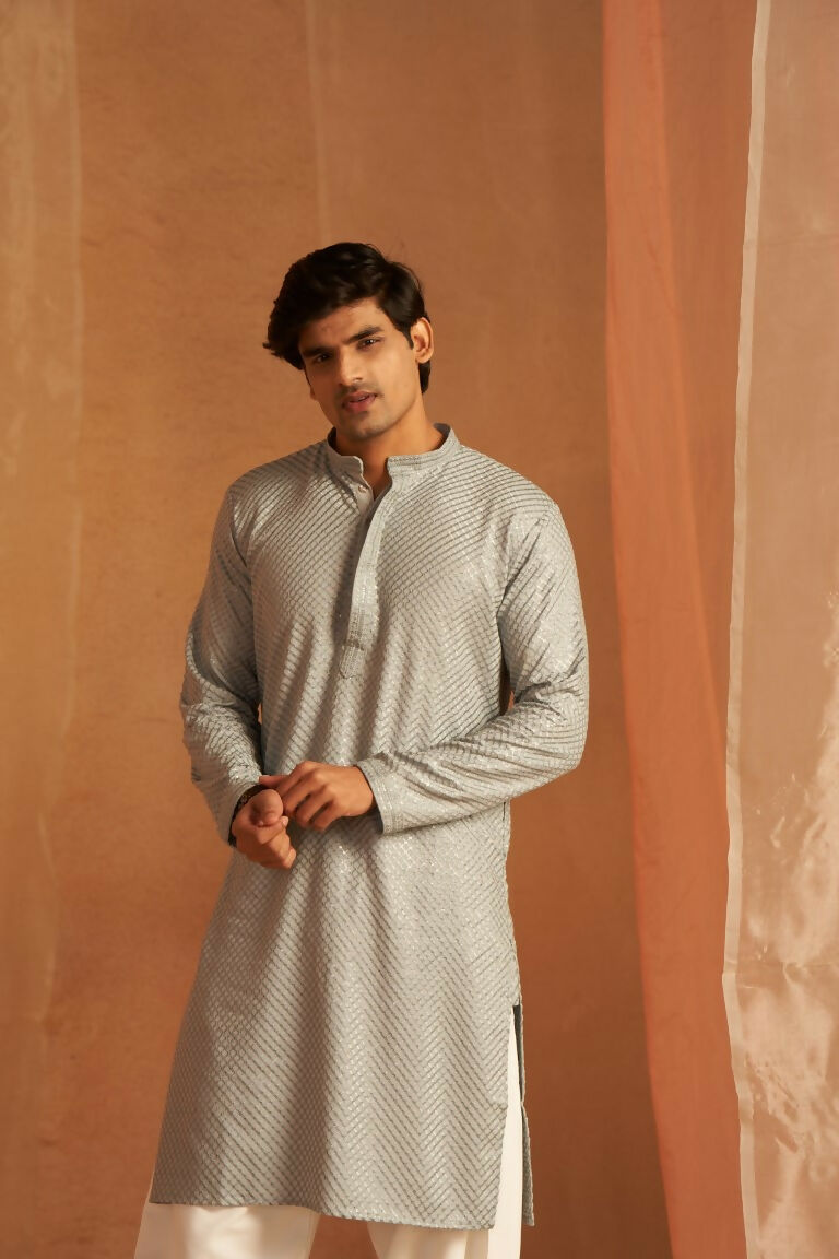 Grey viscose Chikankari Embroidery Work Men's Traditional Kurta Set - Mahotsav | Grocsy