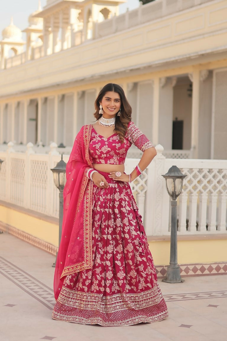 Vastranavya Designer Dyeable Pure Viscose Jacquard Fabric Lehenga Choli & Dupatta Set - Pink | Grocsy