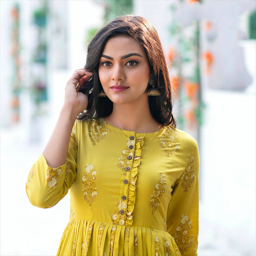 Partywear Designer Digital Printed Lemon Yellow Pure Maslin Gown - Anbazaar | Grocsy