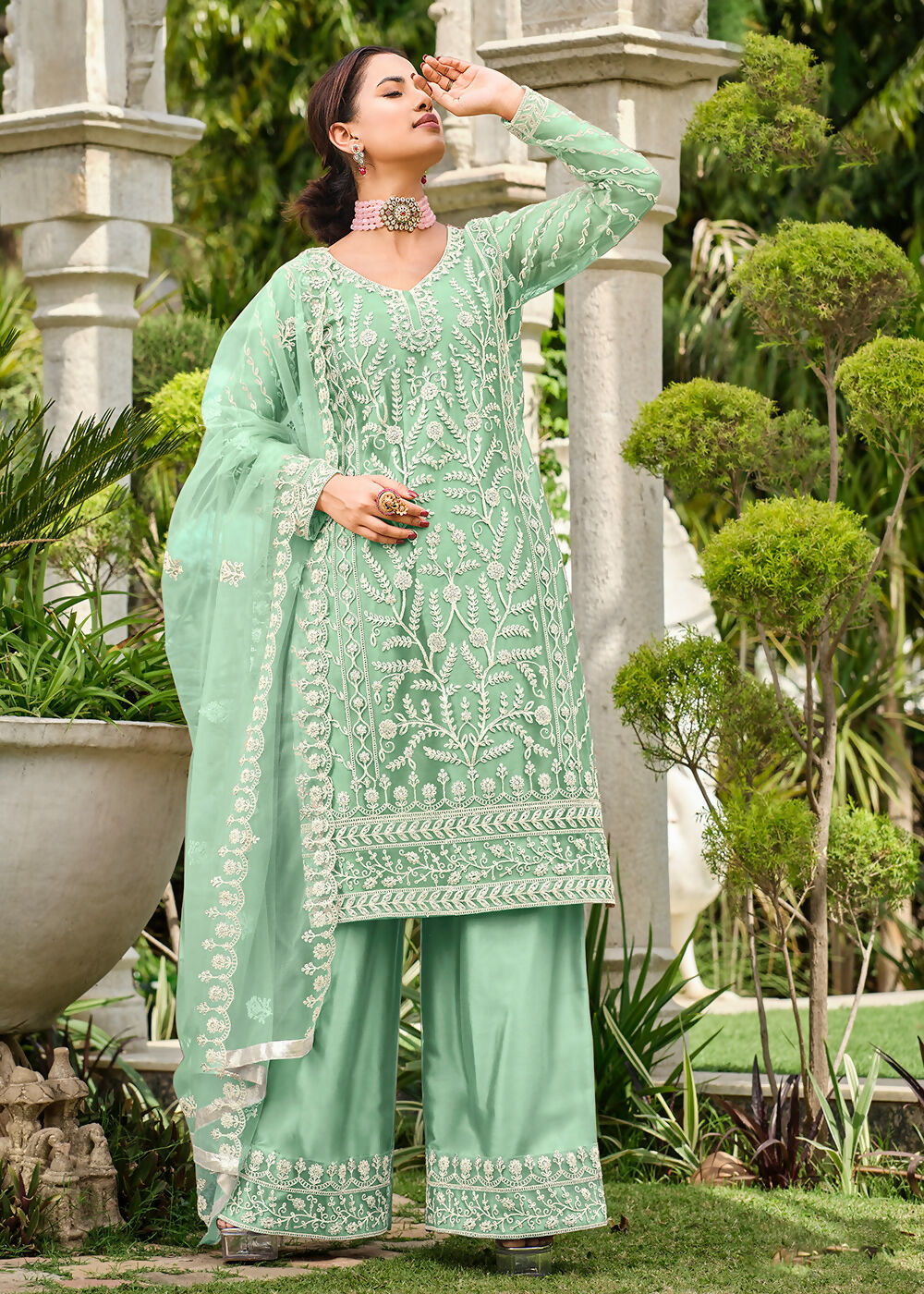 Mint Green Stone & Cording Work Festive Palazzo Suit - Emponline | Grocsy