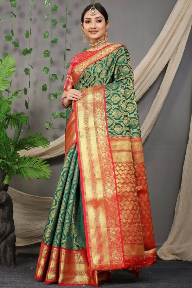 Jyoti Fashion Women's Green Kanjivaram Silk Zari Woven Saree with Blouse | Grocsy