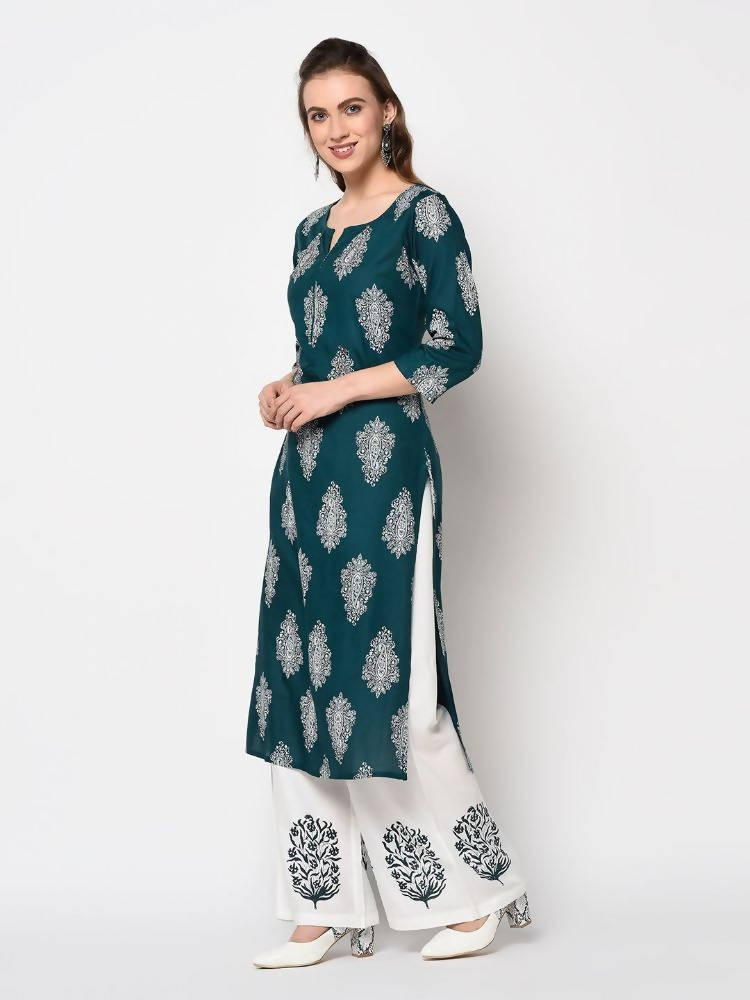 Yufta Teal Block Print Kurta with palazzo and Dupatta Set | Grocsy