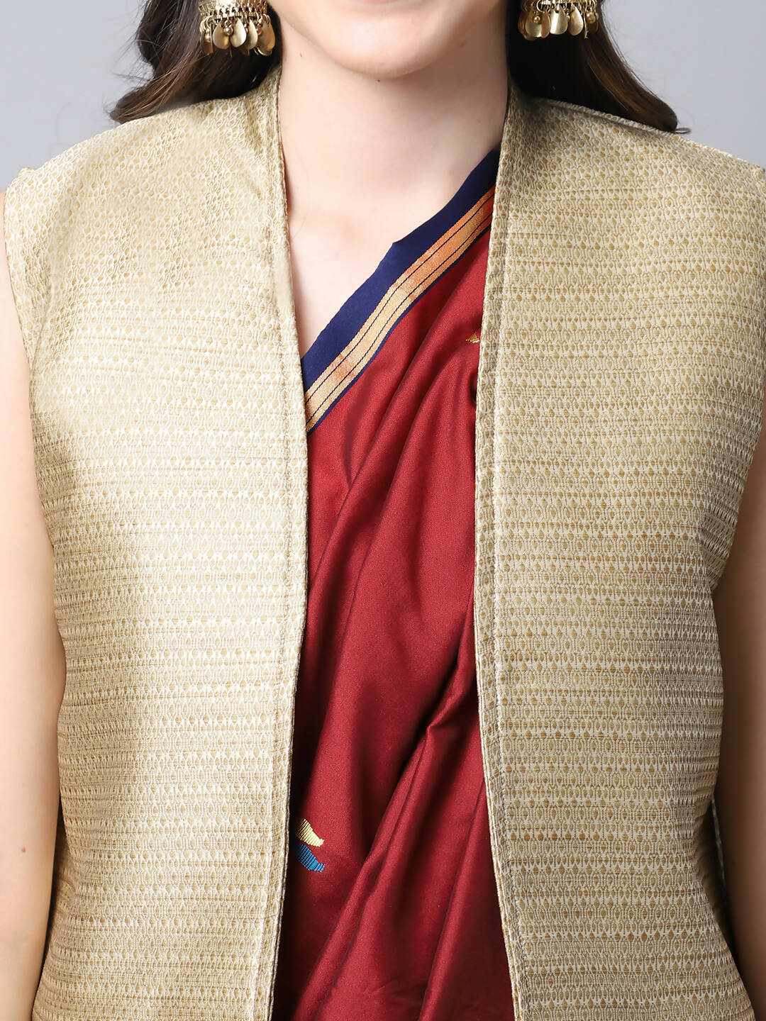 Even Apparels Beige Bansari Silk Open Front Women's Long Coat | Grocsy