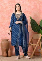 Joban Fashion Navy Blue Premium Pure Viscose Print Dola With Handwork Kurta Set | Grocsy