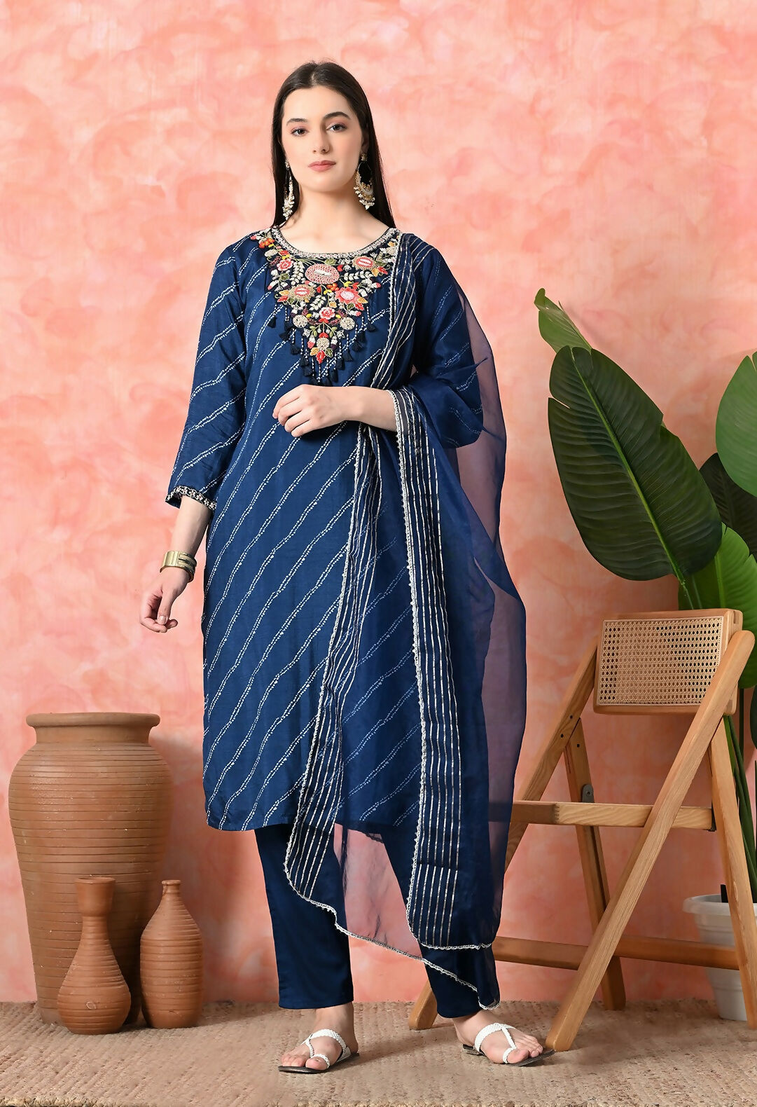 Joban Fashion Navy Blue Premium Pure Viscose Print Dola With Handwork Kurta Set | Grocsy