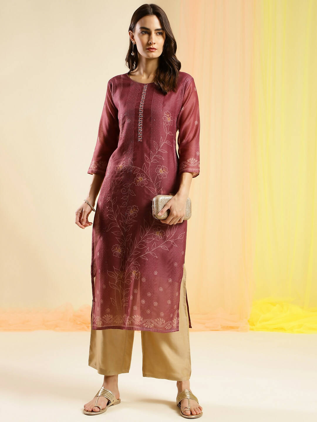 Maroon Chinon Digital Printed With Hand Work Kurta - Himanshi | Grocsy