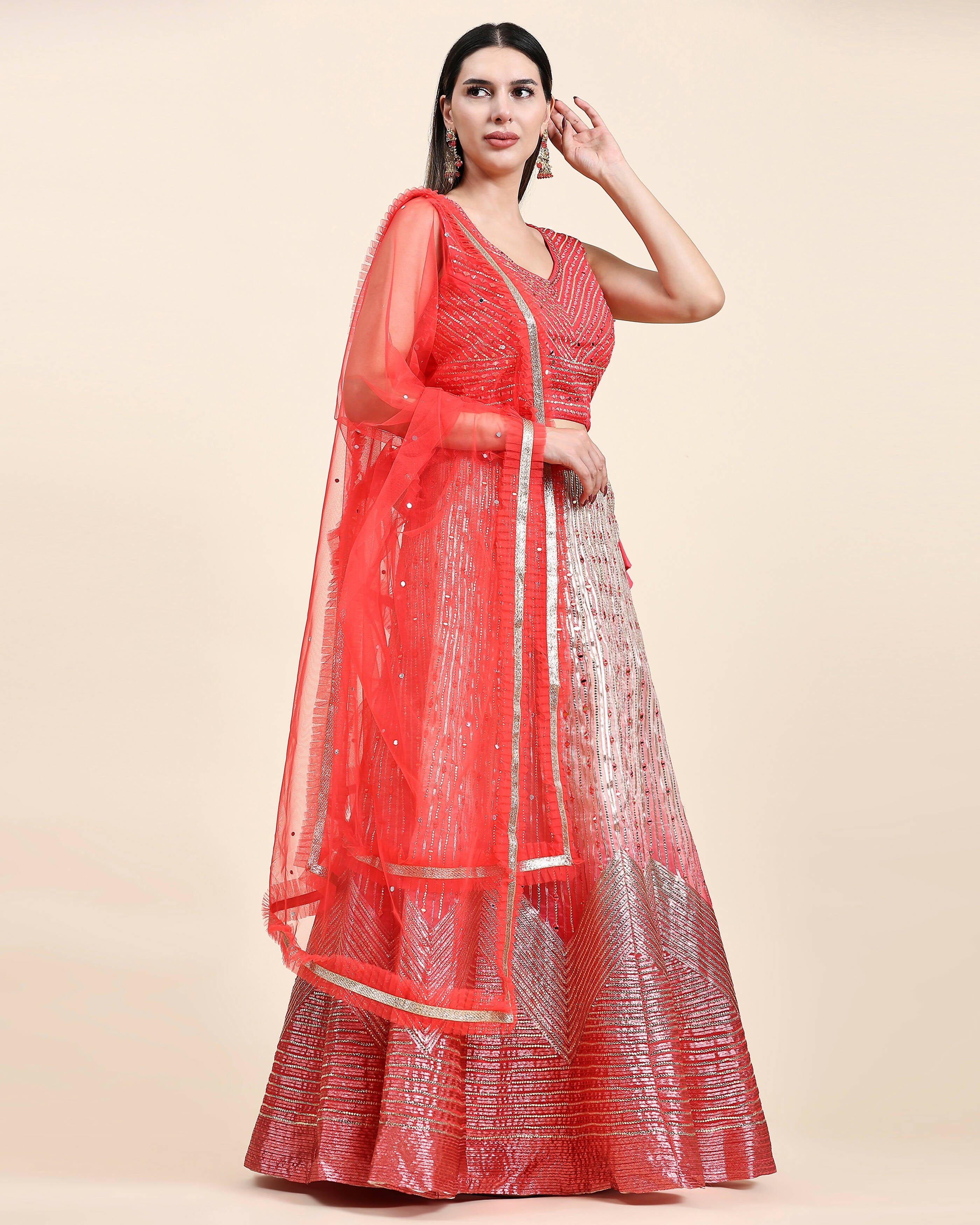 Red Organza Mirror With Coding Work Lehenga Choli with Dupatta - Tanya | Grocsy