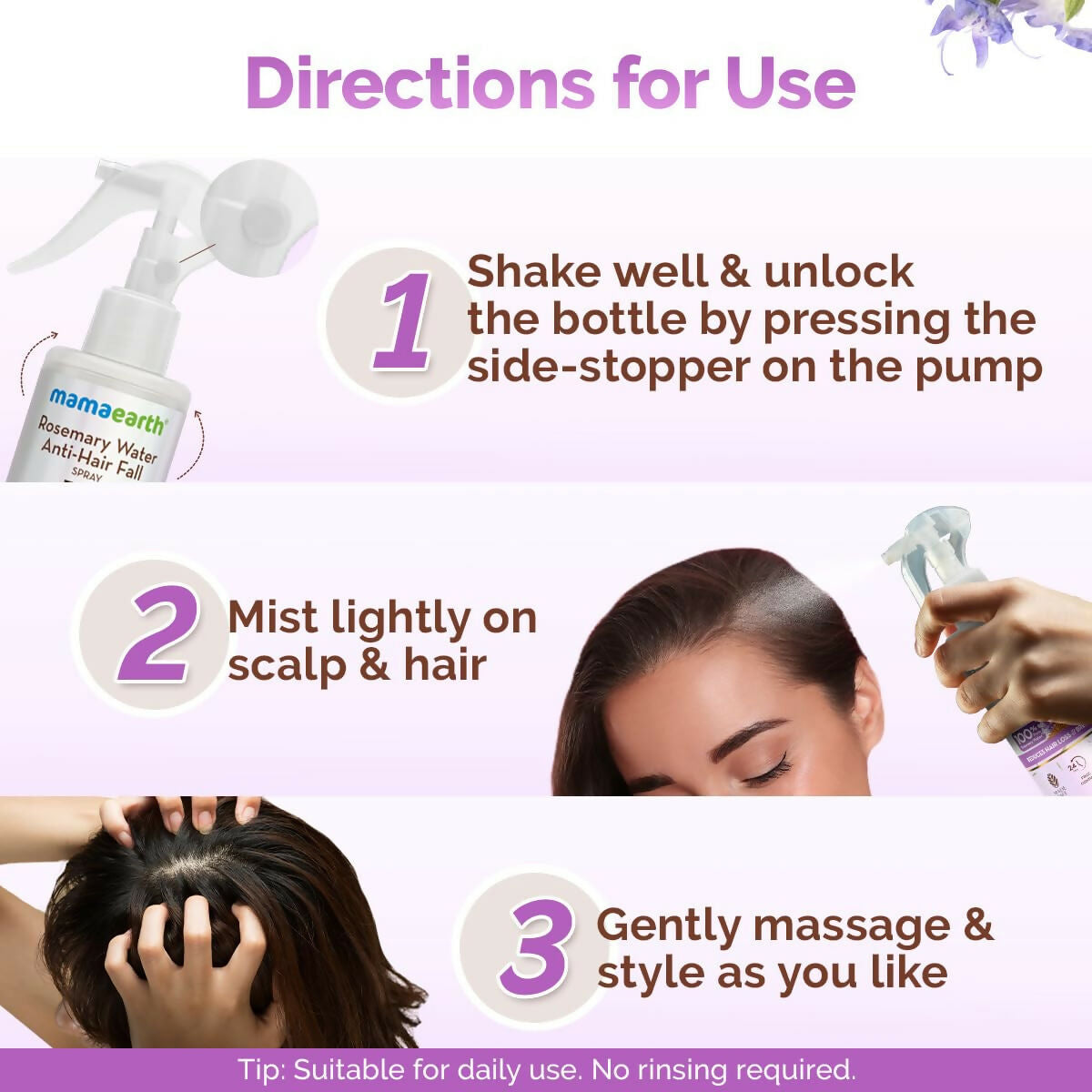 Mamaearth Rosemary Water Anti-Hair Fall Spray with 100% Pure Steam Distilled Rosemary Water & Methi Dana for Hair | Grocsy