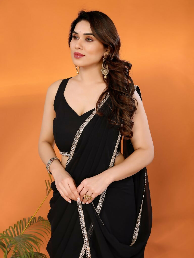 Designer Partywear Black Georgette Fancy Saree - Durga | Grocsy