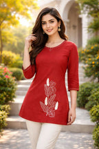 Teeya Creation Womens New Latest Cotton Orange Floral Embroidered Short Kurti | Grocsy