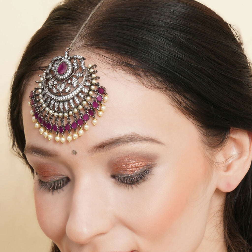 Oversized Diamond & Maroon Stone Maang Tikka- Ruby Raang | Grocsy