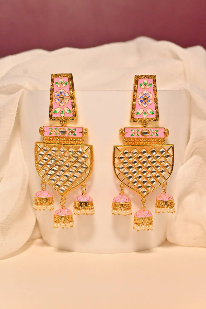 Traditional Gold-Polished Meenakari Pink Jhumka Jhumki Earrings By House of Ree - House of Ree