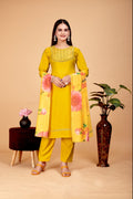 Women's Embroidered Yellow Kurta Set with Dupatta Set - A2M | Grocsy
