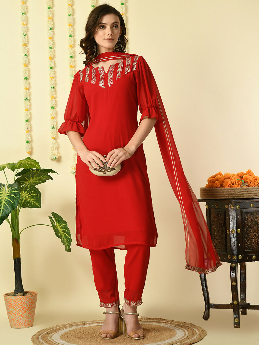 Myshka Women's Red Georgette Kurta & Trousers With Dupatta Party Sets | Grocsy