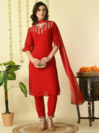 Myshka Women's Red Georgette Kurta & Trousers With Dupatta Party Sets | Grocsy
