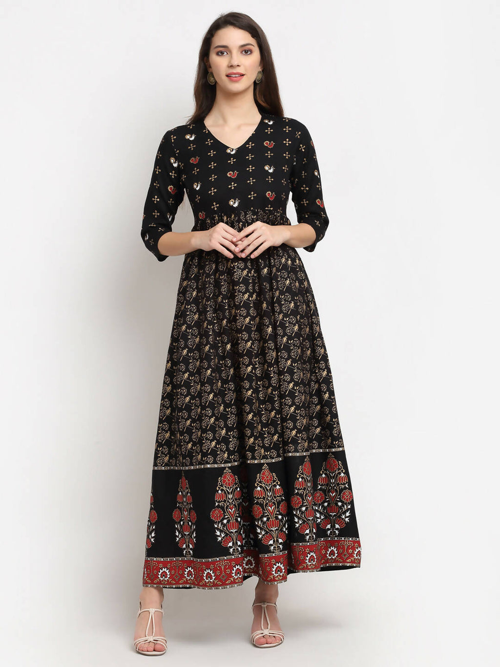 Rudra Bazaar Floral Printed A-Line Flared Black Kurti | Grocsy
