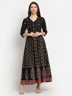 Rudra Bazaar Floral Printed A-Line Flared Black Kurti | Grocsy