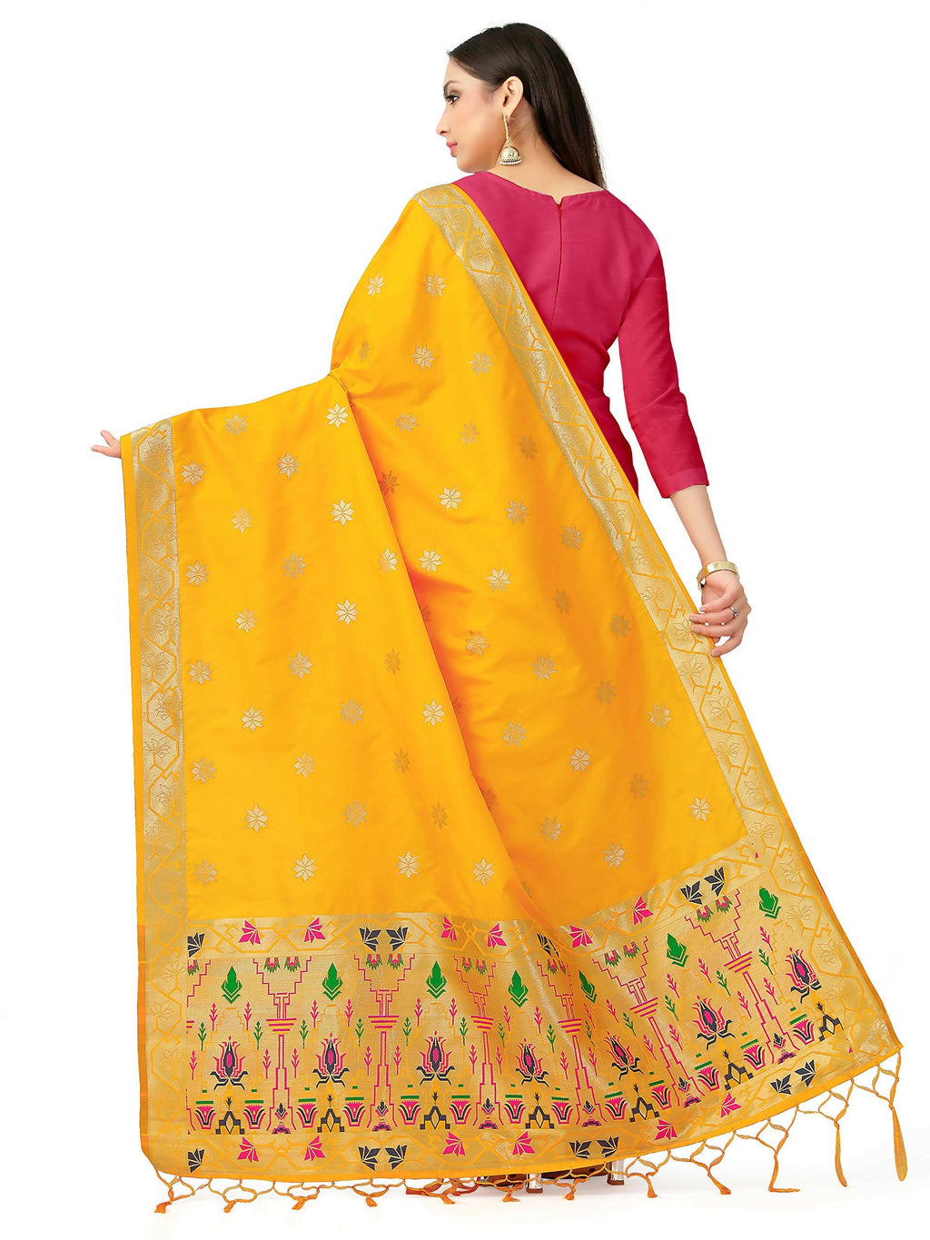 Mimosa Women's Floral Art Silk Gold Dupatta | Grocsy