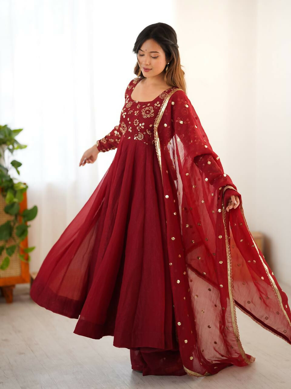 Teeya Creation New Trendy Stylish Elegant Finish With Full Flair Maroon Gown Set | Grocsy