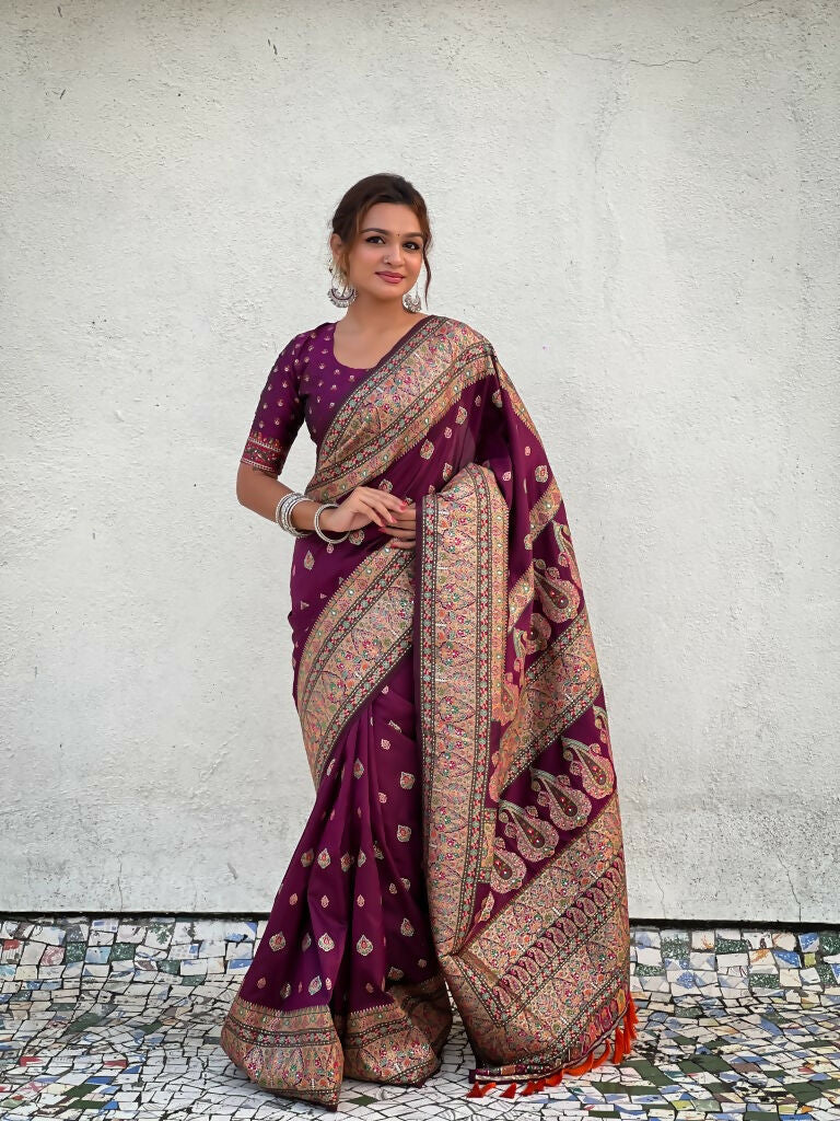 Magenta Pashmina Silk Wevon Kashmiri Meenakari Designer Saree with Unstitched Blouse - Vandini | Grocsy