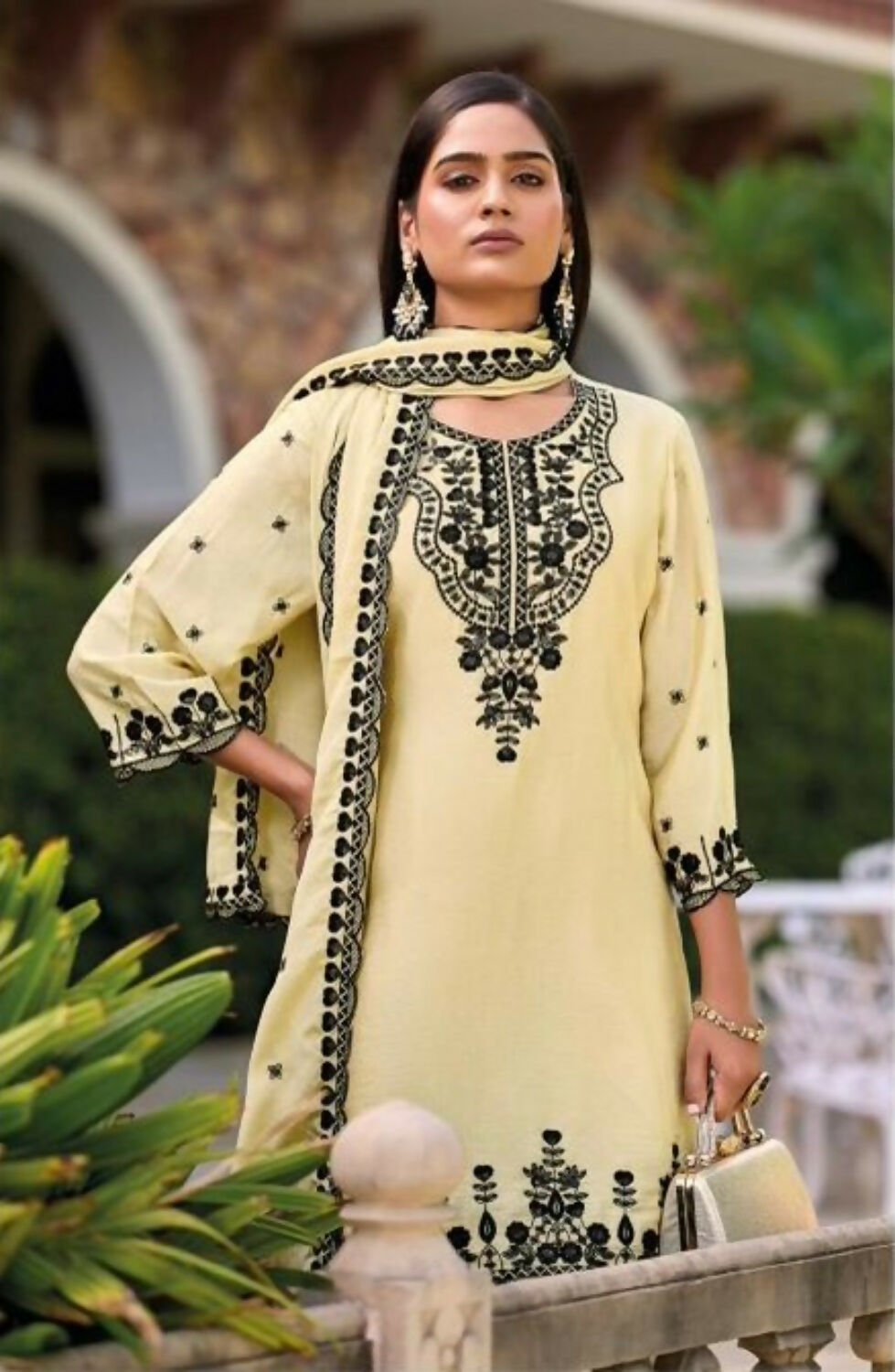 Anaita Beige Chinon Readymade Palazzo Suit with Heavy Embroidery Work | Grocsy