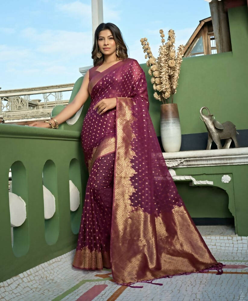 Charming Designer Deep Wine Color Organza Silk Saree With Weaving Work - Yomika Fashions | Grocsy