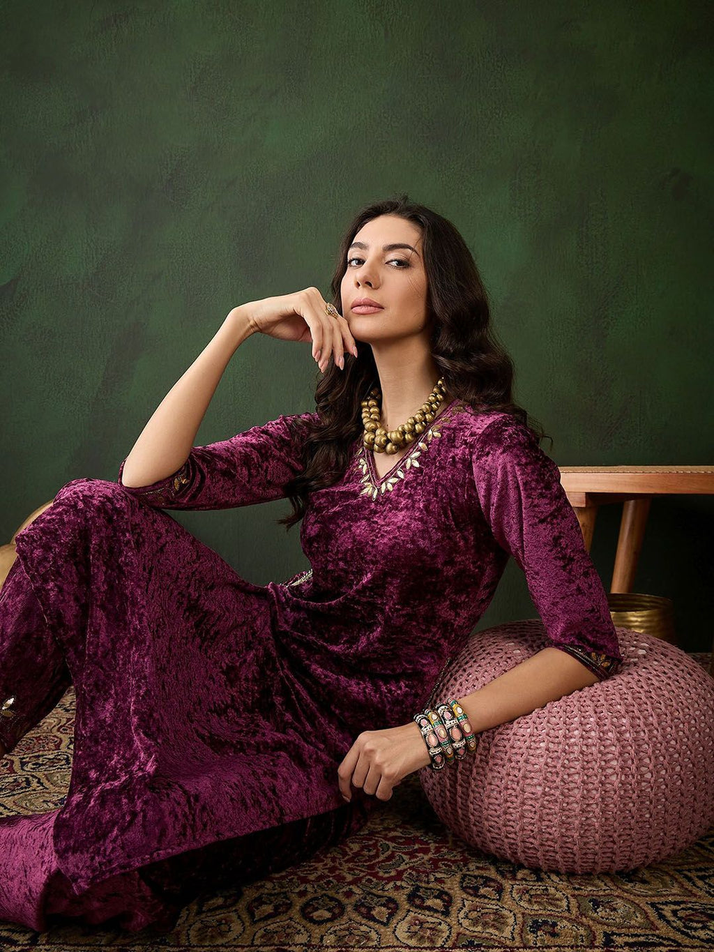 Sangria Embroidered Straight Velvet Kurta | Grocsy