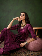 Sangria Embroidered Straight Velvet Kurta | Grocsy