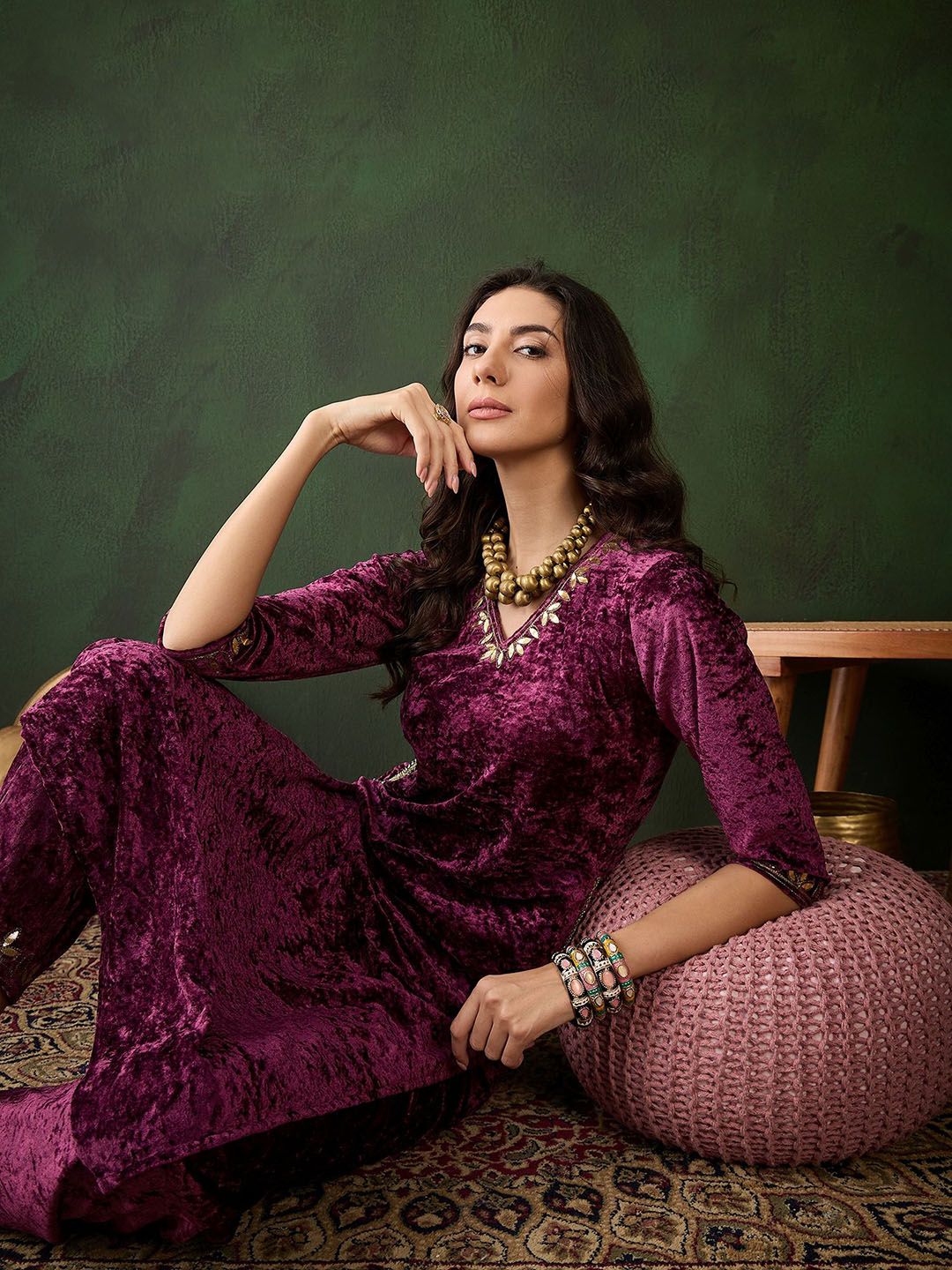 Sangria Embroidered Straight Velvet Kurta | Grocsy