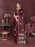 Joban Fashion Wine Floral Motifs Banarasi Silk Sarees | Grocsy