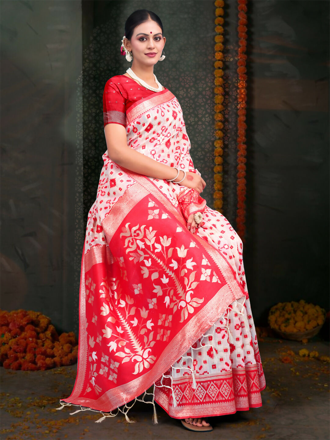 Shree Shyam Fashion Devistuti Red White Linen Cotton Saree | Grocsy