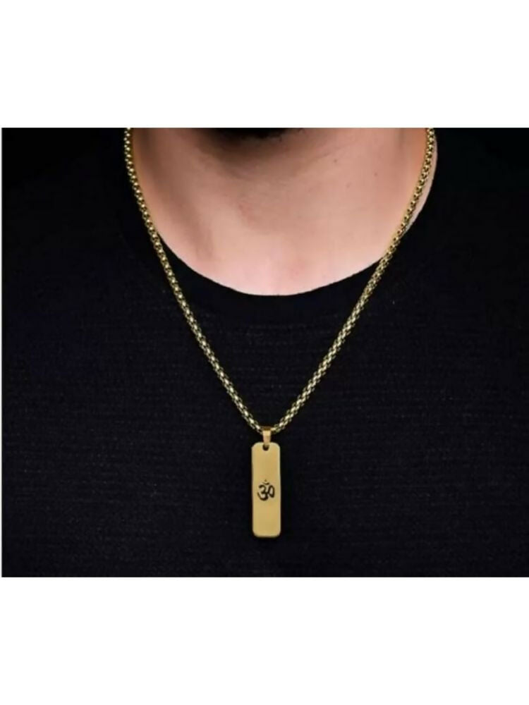 NVR Men Om Design Gold-Polished Rectangular Shape Pendant | Grocsy