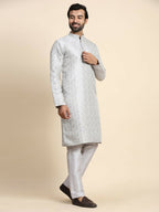 Grey Viscose Jacquard Woven Jacquard Designer Men's Rajwadi Kurta Set - Mahotsav | Grocsy