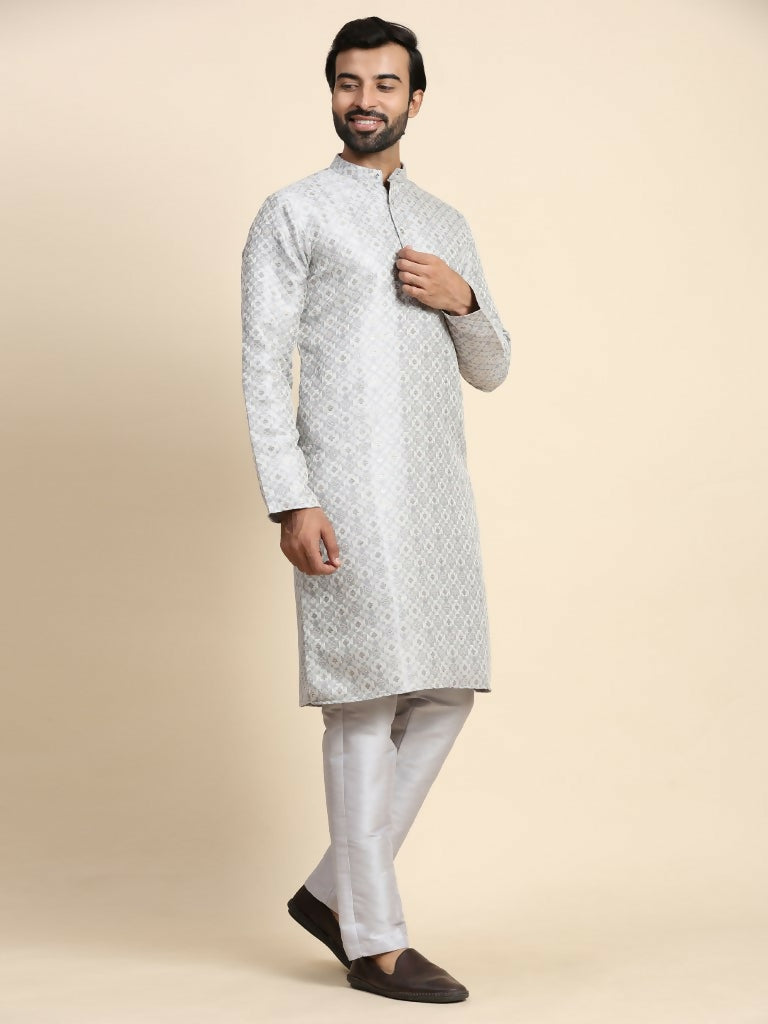 Grey Viscose Jacquard Woven Jacquard Designer Men's Rajwadi Kurta Set - Mahotsav | Grocsy