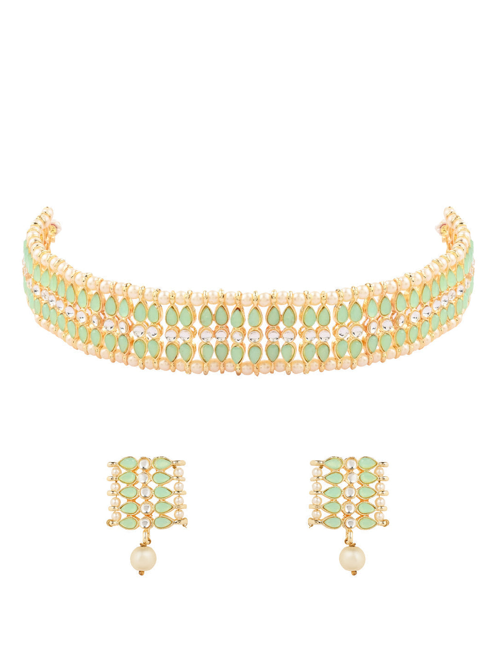 Gold-Polished Traditional Kundan Pearl Choker Necklace Jewellery Set For Women And Girls - Wahe Jewels - Swadesiicart